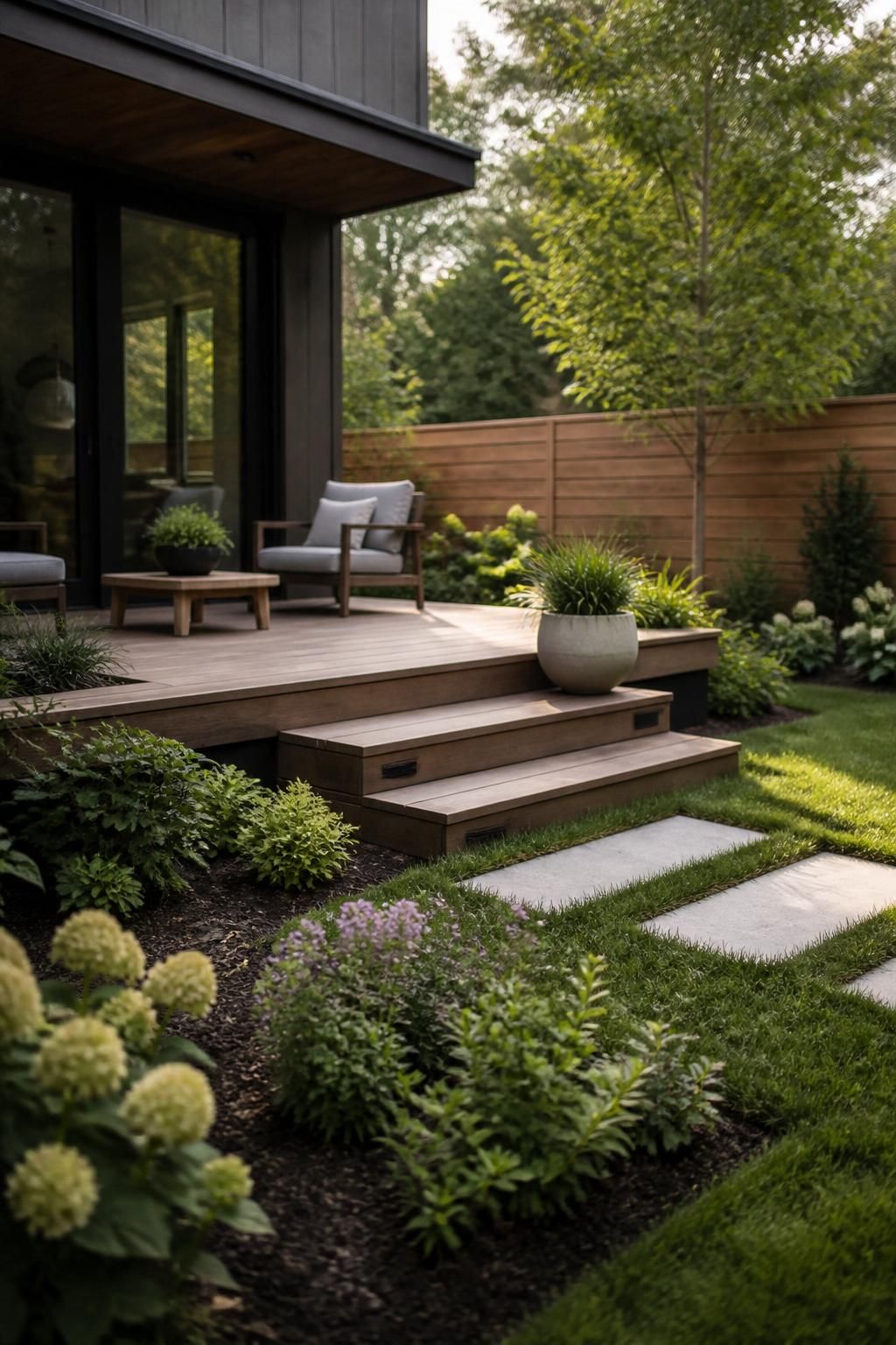 A finished backyard deck surrounded by tidy landscaping and greenery.