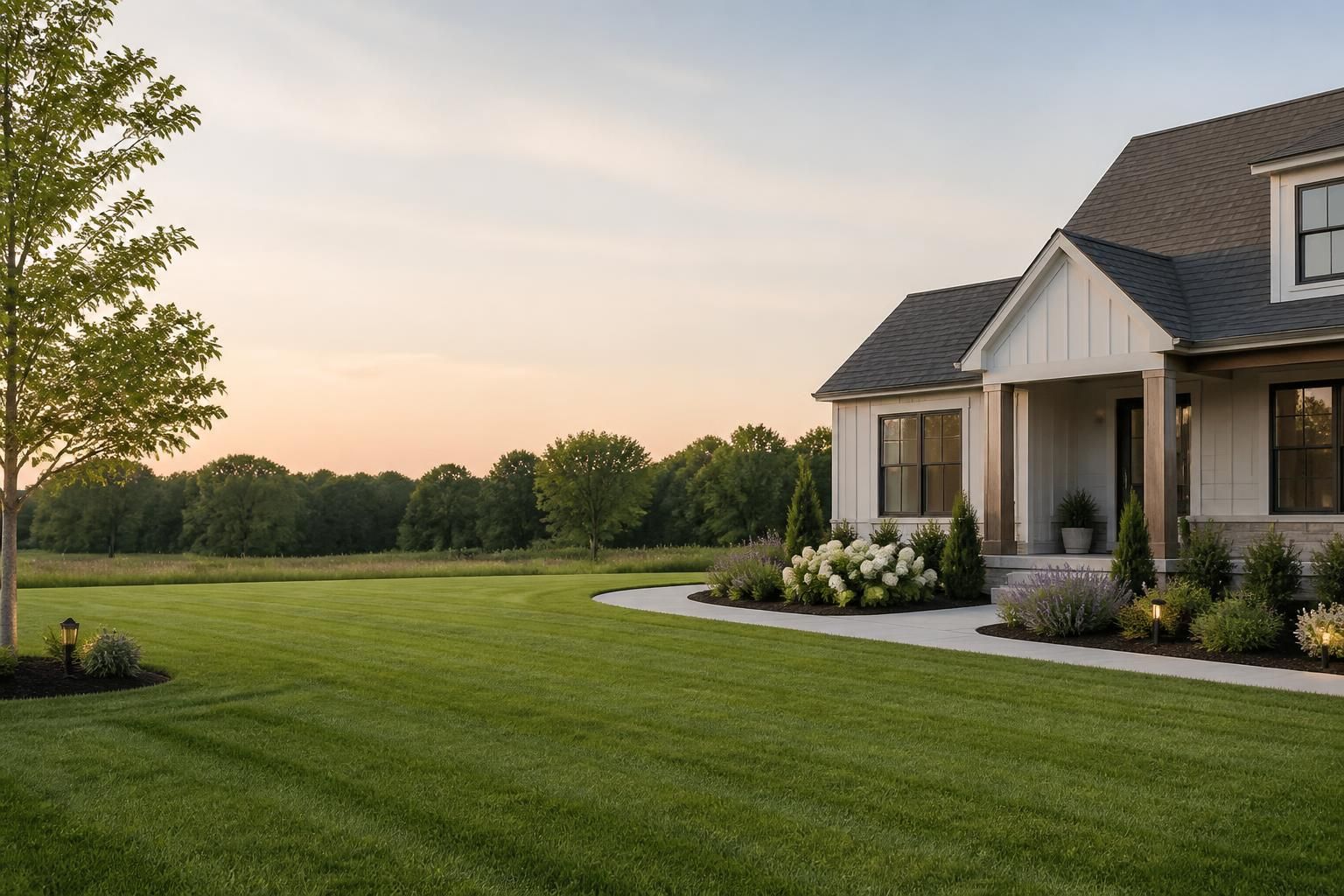 A welcoming front yard with lawn care and subtle landscape lighting.