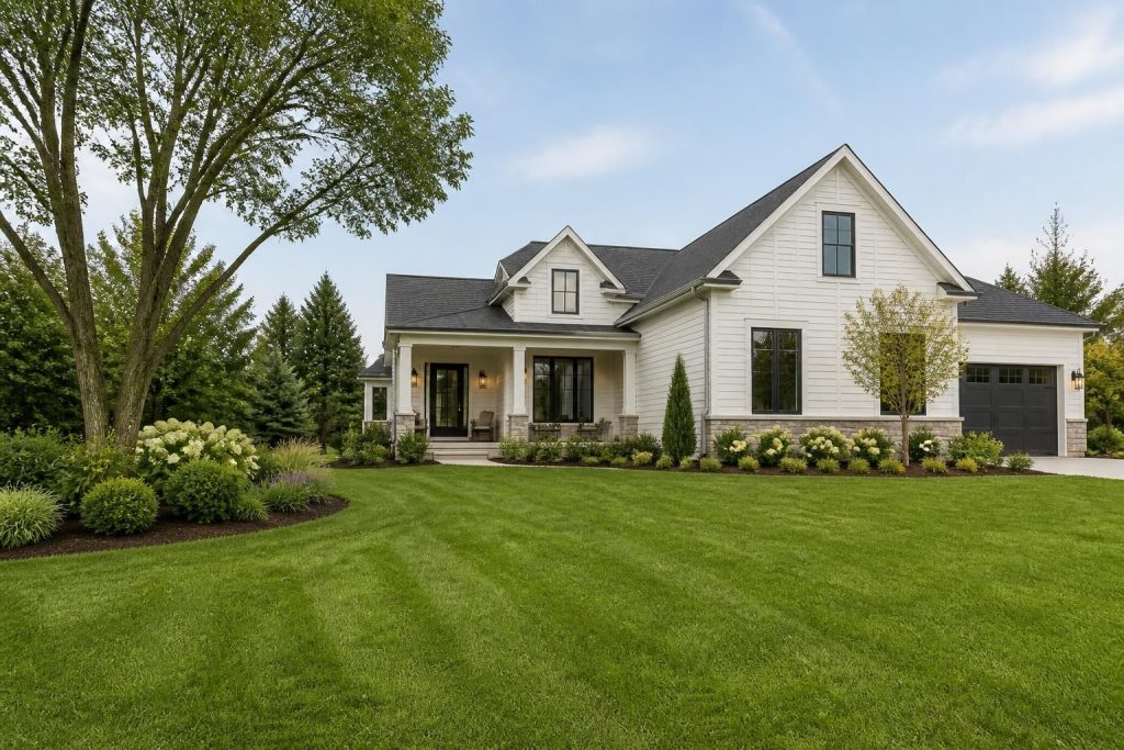 A landscaped suburban home with a lush lawn and clean exterior.